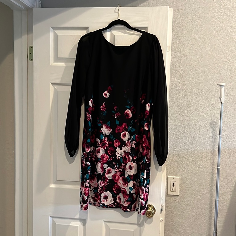 White House Black Market black & floral dress with purple roses & sheer sleeves.